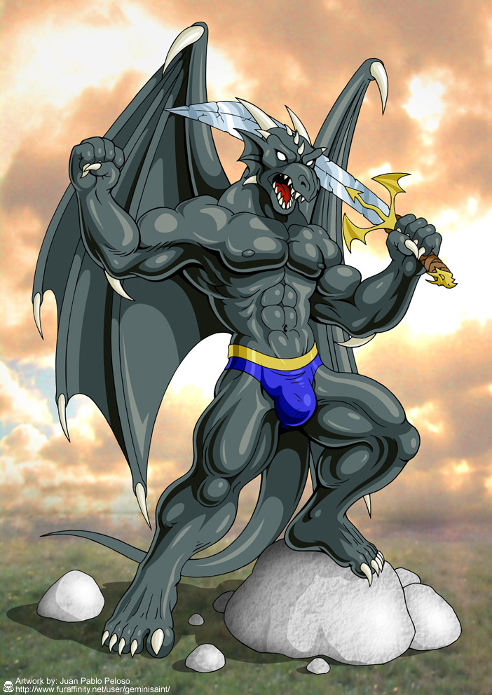 abs anthro biceps briefs bulge claws digitigrade dragon fangs flexing geminisaint grey_skin horn male muscles nipples open_mouth outside pecs pose reptile rock scales scalie solo standing sword teeth toe_claws toned tongue topless underwear weapon white_eyes wings