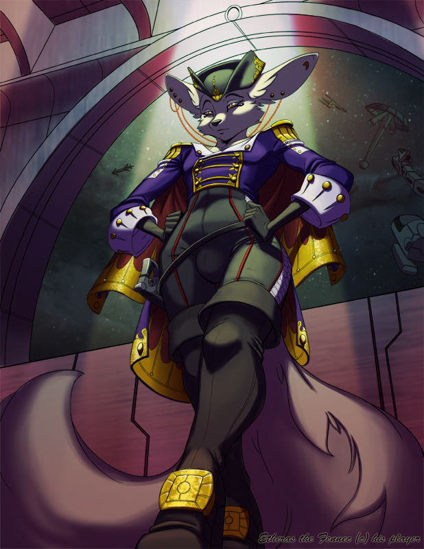 brindle bulge canine cape captain clothed clothing ear_piercing egyptian etheras etheras_(copyright) fennec fox hat male mammal piercing pirate space