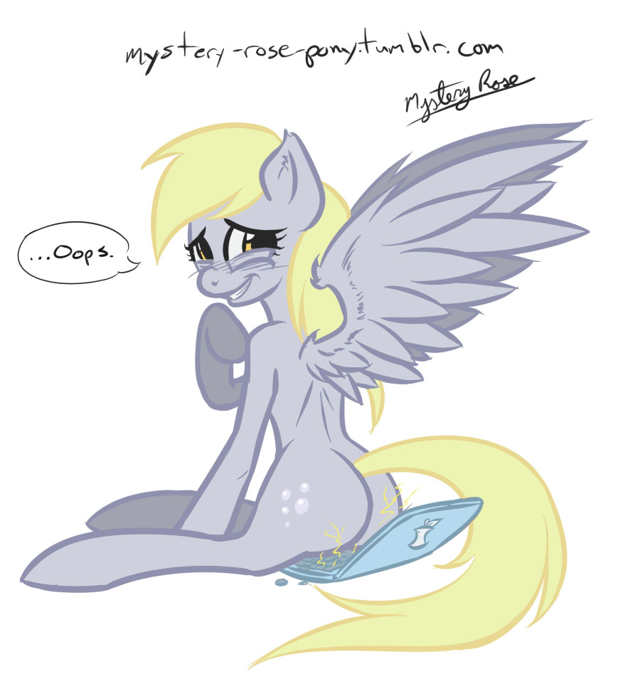 amber_eyes blonde_hair computer cutie_mark derpy_hooves_(mlp) dialog english_text equine female feral friendship_is_magic fur grey_fur hair horse laptop looking_at_viewer looking_back mammal my_little_pony mysteryrose pegasus plain_background pony sitting smile solo text white_background wings