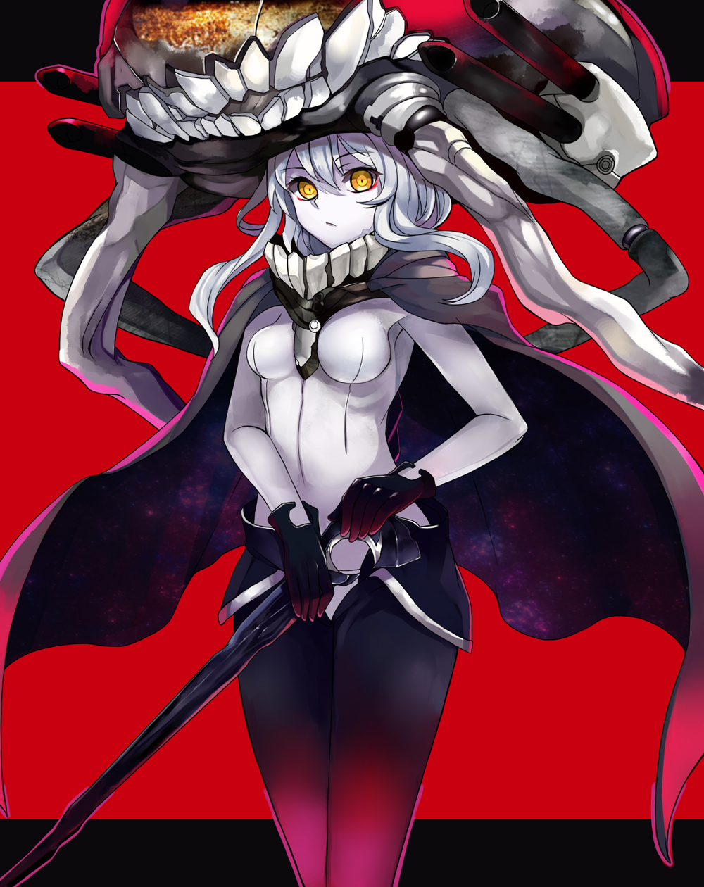 ashita_(2010) bad_id bad_pixiv_id bodysuit breasts cape eyeshadow gloves highres kantai_collection looking_at_viewer makeup medium_breasts monster pale_skin red_background ringed_eyes shinkaisei-kan silver_hair solo wand wo-class_aircraft_carrier yellow_eyes