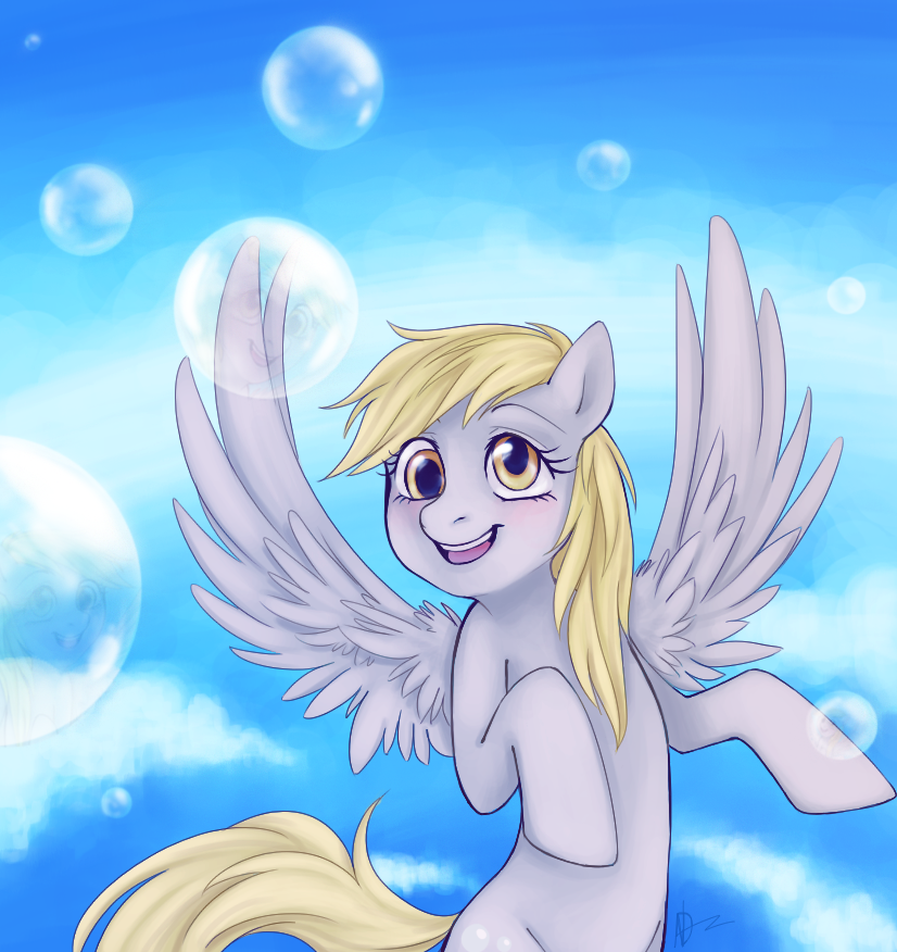 blonde_hair blush bubble bubbles derp_eyes derpy_hooves_(mlp) equine female feral friendship_is_magic fur grey_fur hair horse looking_at_viewer mammal my_little_pony open_mouth pegasus pony smile solo teeth thecommontrickster tongue wings yellow_eyes