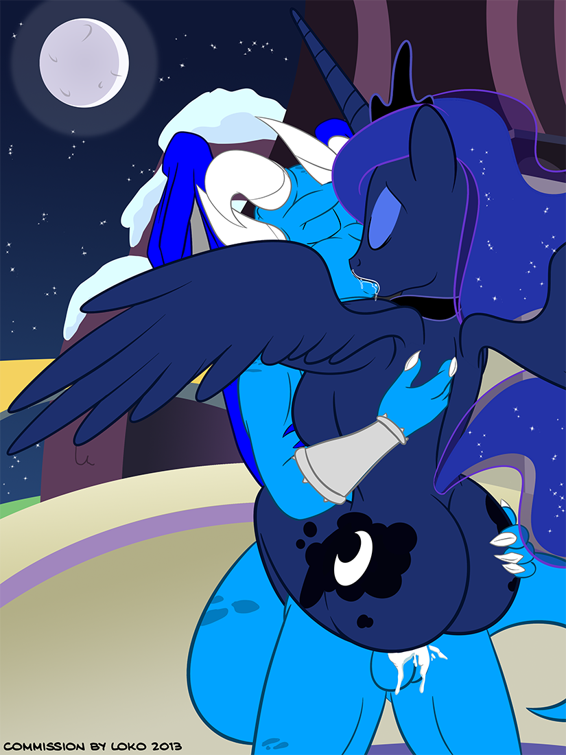 anthro anthrofied balls big_breasts big_butt blue_hair breasts butt butt_grab crown cum cum_in_pussy cum_inside cutie_mark dragon duo el-loko equine erection eyes_closed female friendship_is_magic full_moon hair horn horse kissing long_hair male mammal moon my_little_pony night orgasm original_character outside penetration penis pony princess princess_luna_(mlp) raised_tail royalty saliva sex side_boob standing stars straight tiara vaginal vaginal_penetration winged_unicorn wings
