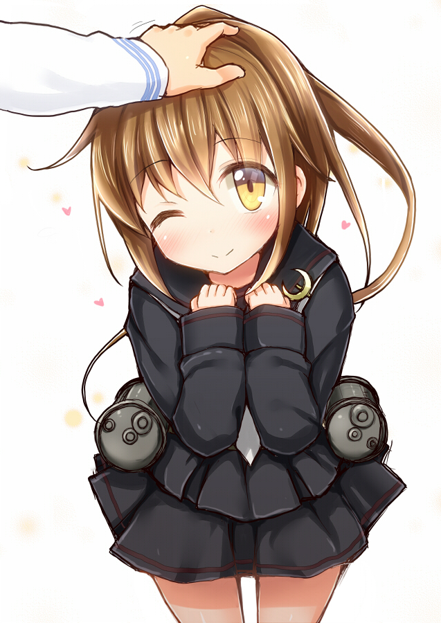 blush brown_hair crescent fumizuki_(kantai_collection) hand_on_another's_head imachi kantai_collection long_hair looking_at_viewer necktie one_eye_closed out_of_frame petting school_uniform serafuku skirt smile solo_focus white_neckwear yellow_eyes