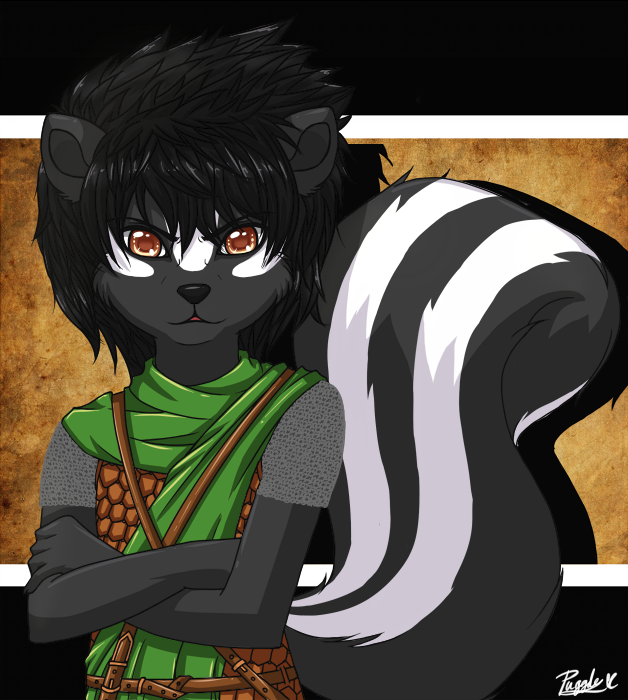 amber_eyes ambiguous_gender anthro black_fur black_hair black_nose border brown_eyes clothed clothing cool crossed_arms fur green_sash guard_uniform hair leather looking_at_viewer mammal messy_hair noire_(character) pugglepaws raised_tail simple_background skunk skyrim_hold_guard striped_tail the_elder_scrolls_v:_skyrim white_fur white_markings