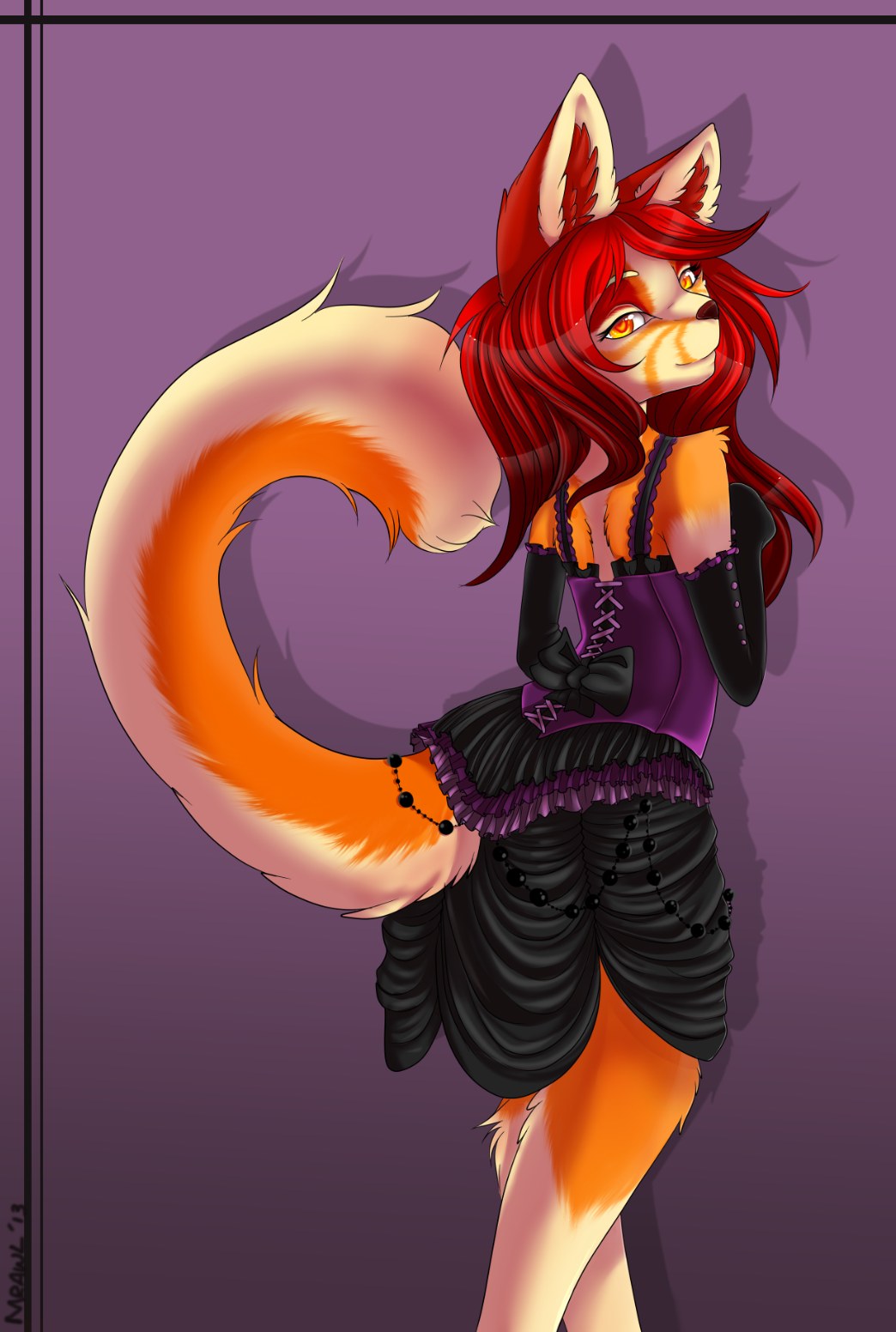 amber_eyes anthro avoid_posting bow cat clothed clothing conditional_dnp dress elbow_gloves feline female fur gloves hair long_hair looking_at_viewer mammal mrawl orange_fur pose purple_background red_hair red_nose smile solo yellow_fur