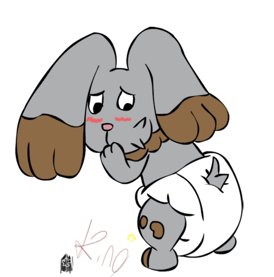 anthro back_turned bipedal black_eyes blush brown_markings bunnelby chibi covering_own_mouth cute diaper digital_media_(art) embarrassed floppy_ears full-length_portrait fur grey_fur lagomorph long_ears looking_down male mammal nintendo plain_background pok&#233;mon pok&eacute;mon rabbit signature solo standing video_games white_background white_sclera worried yaking