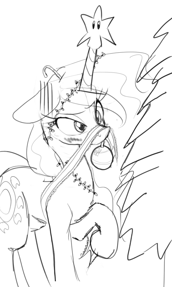 bulb candy candy_cane christmas_lights cutie_mark equine female feral food friendship_is_magic horn horse lights mammal monochrome my_little_pony pony princess_celestia_(mlp) raised_leg ribbons star tree winged_unicorn wings zev