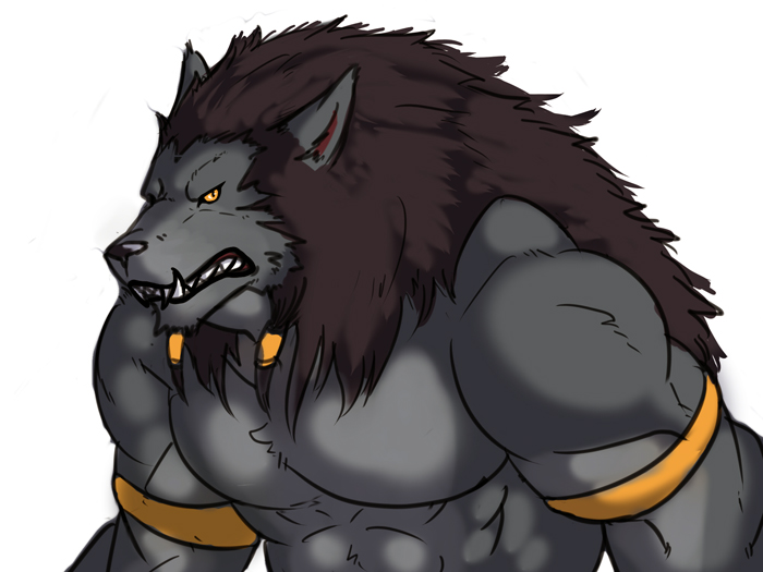 abs anthro biceps big_muscles black_nose brown_hair canine chest_tuft fangs fur grey_fur hair istani looking_at_viewer male mammal muscles pecs plain_background pose solo standing teeth topless tuft video_games warcraft were werewolf white_background wolf worgen yellow_eyes