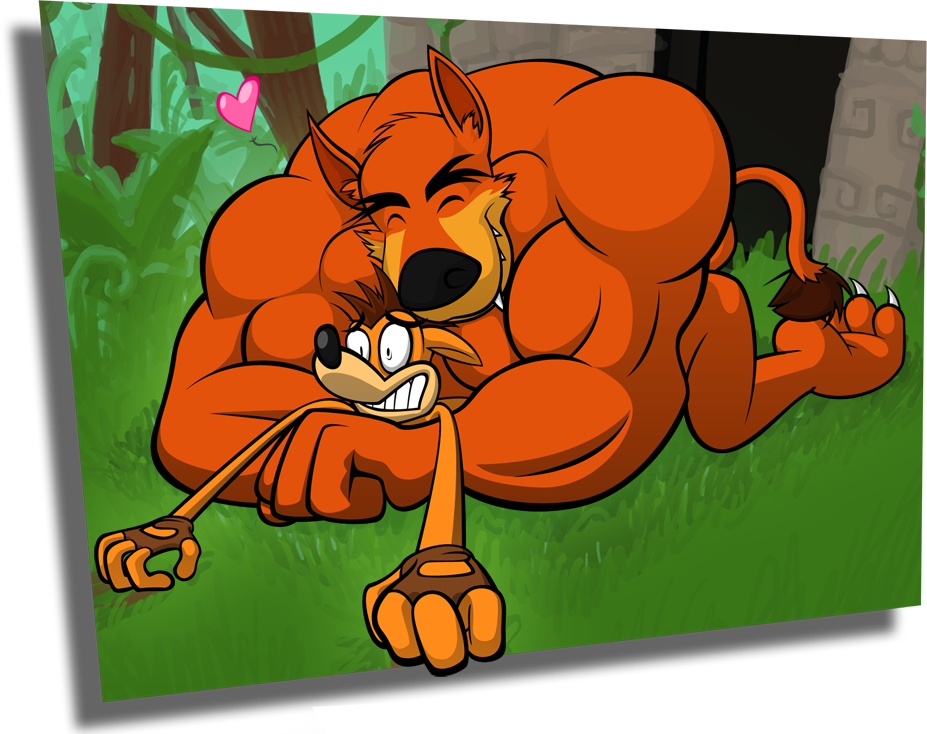 bandicoot biceps big_muscles claws crash_bandicoot crash_bandicoot_(series) eyes_closed fangs feline fingerless_gloves gay gloves hug jungle male mammal marsupial muscles pecs rubberskunktoo size_difference tiger tiny_tiger video_games