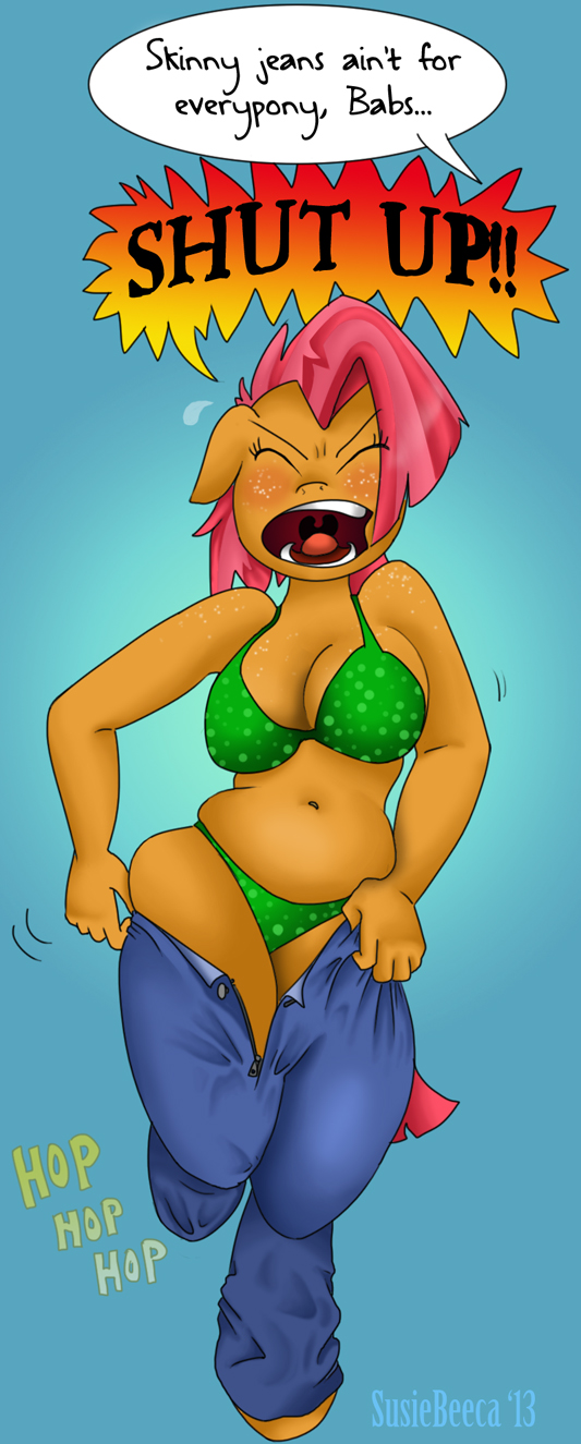 anthro anthrofied babs_seed_(mlp) blue_background blush bra chubby clothing dialog dressing english_text equine eyes_closed female freckles friendship_is_magic fur hair hopping horse jeans mammal my_little_pony navel open_mouth orange_fur panties pants pink_hair plain_background pony solo susiebeeca teeth text tight tight_clothing tongue two_tone_hair underwear yelling