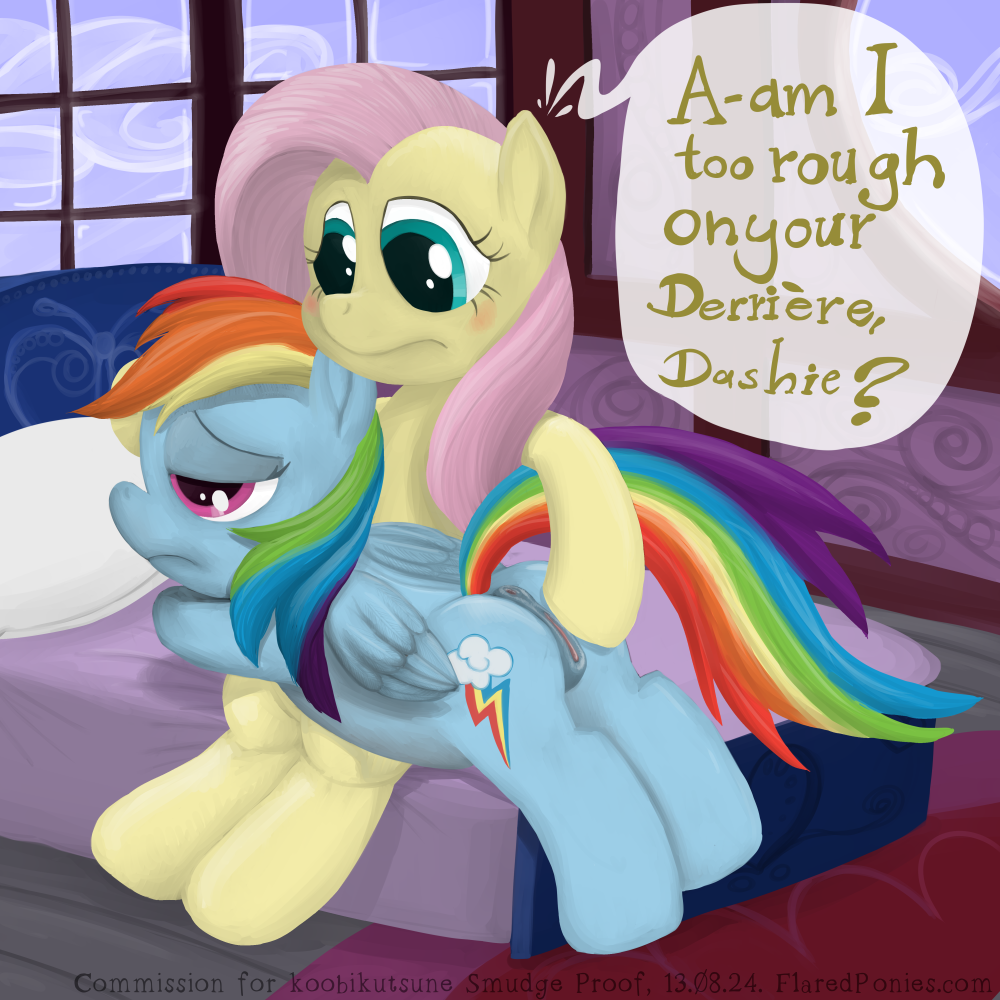 anus bdsm bed blue_eyes blue_fur cutie_mark dialog duo english_text equine female feral fluttershy_(mlp) friendship_is_magic fur hair horse inside lesbian mammal multi-colored_hair my_little_pony pegasus pink_hair pony purple_eyes pussy rainbow_dash_(mlp) rainbow_hair smudge_proof spanking text wings yellow_fur