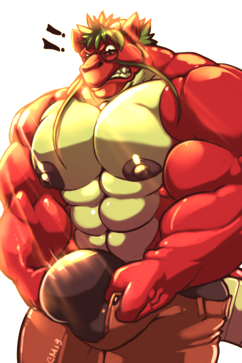 abs angry biceps big_muscles black_nipples bulge clenched_teeth clothed clothing cursedmarked dragon eyewear glasses green_hair hair half-dressed hyper hyper_muscles male muscles nipples pants pecs quazy red_dragon red_skin reptile scales scalie solo teeth topless white_skin