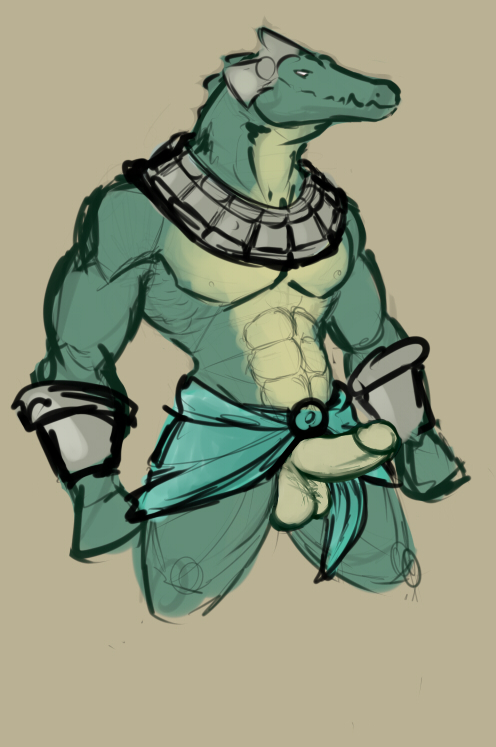 abs alligator anthro armor balls biceps big_muscles big_penis covertcanine crocodile erection green_skin humanoid_penis league_of_legends male muscles nude pecs penis pose presenting renekton reptile scales scalie solo standing toned topless