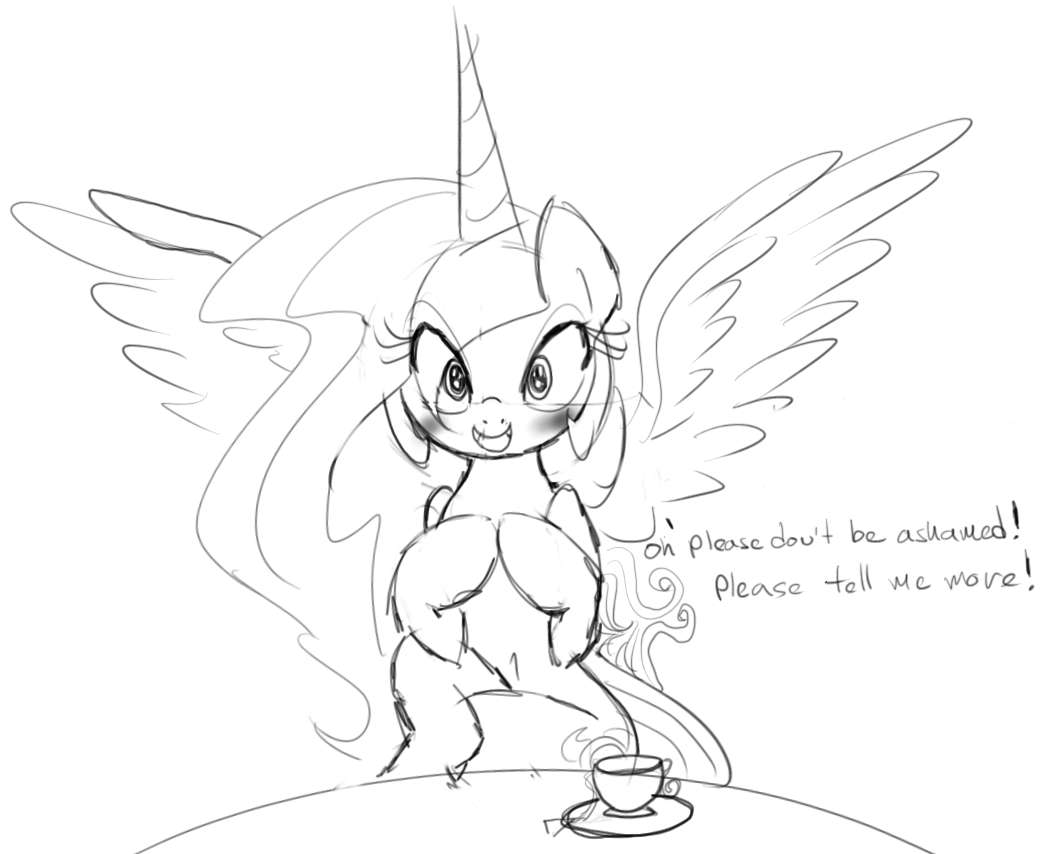 black_and_white blush cup cute cutie_mark equine female feral friendship_is_magic hooves horn horse looking_at_viewer mammal monochrome my_little_pony navel open_mouth pony princess_celestia_(mlp) sitting table text wing_boner winged_unicorn wings zev