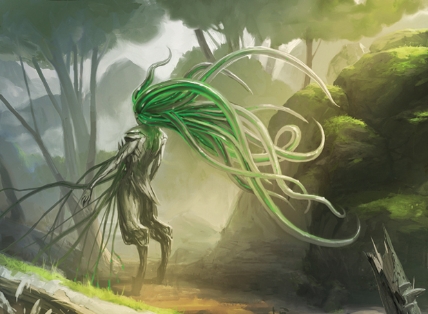 anthro day dryad flora_fauna forest grass hair long_hair magic_the_gathering moss outside sky sliver solo standing tentacles tree trevor_claxton wizards_of_the_coast