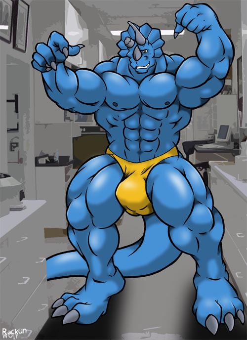 abs anthro balls barefoot biceps big_muscles blue_nipples blue_skin brown_eyes bulge claws dinosaur extreme_dinosaurs grin horn hyper looking_at_viewer macro male muscles nipples paws pecs pose rackun reptile sauropod scales scalie skin smile solo spike_(extreme_dinosaurs) standing toe_claws toned topless triceratops underwear
