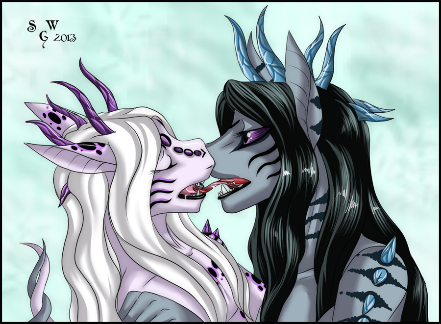 ambiguous_gender black_hair black_skin couple duo entwined_tails eyes_closed gray_body green_background grey_body grey_skin hair horn kriin making_out markings nuw-rin open_mouth pink_body pink_skin plain_background purple_eyes purple_skin silvergrin simple_background teeth tongue tongue_out white_hair wite