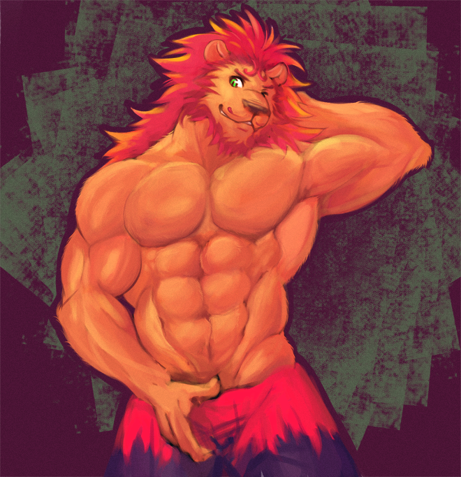 abs anthro arm_behind_head beard biceps big_muscles brown_fur brown_nose claws clothed clothing facial_hair feline flexing fur green_eyes grin hair half-dressed istani lion looking_at_viewer male mammal mane muscles one_eye_closed pants pecs pose red_hair smile solo standing teeth toned topless vein wink