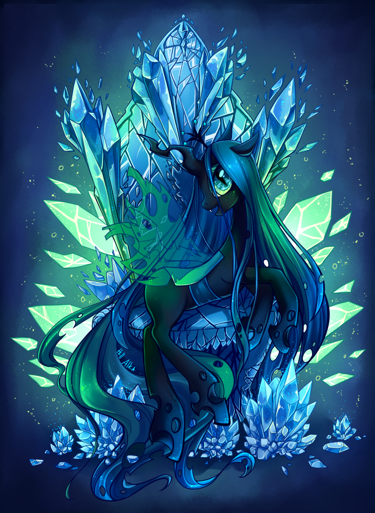 changeling crown crystal equine fangs female feral friendship_is_magic green_eyes green_hair hair hell-alka horn horse long_hair looking_at_viewer mammal my_little_pony open_mouth pony queen_chrysalis_(mlp) sitting smile teeth thrown tooth winged_unicorn wings