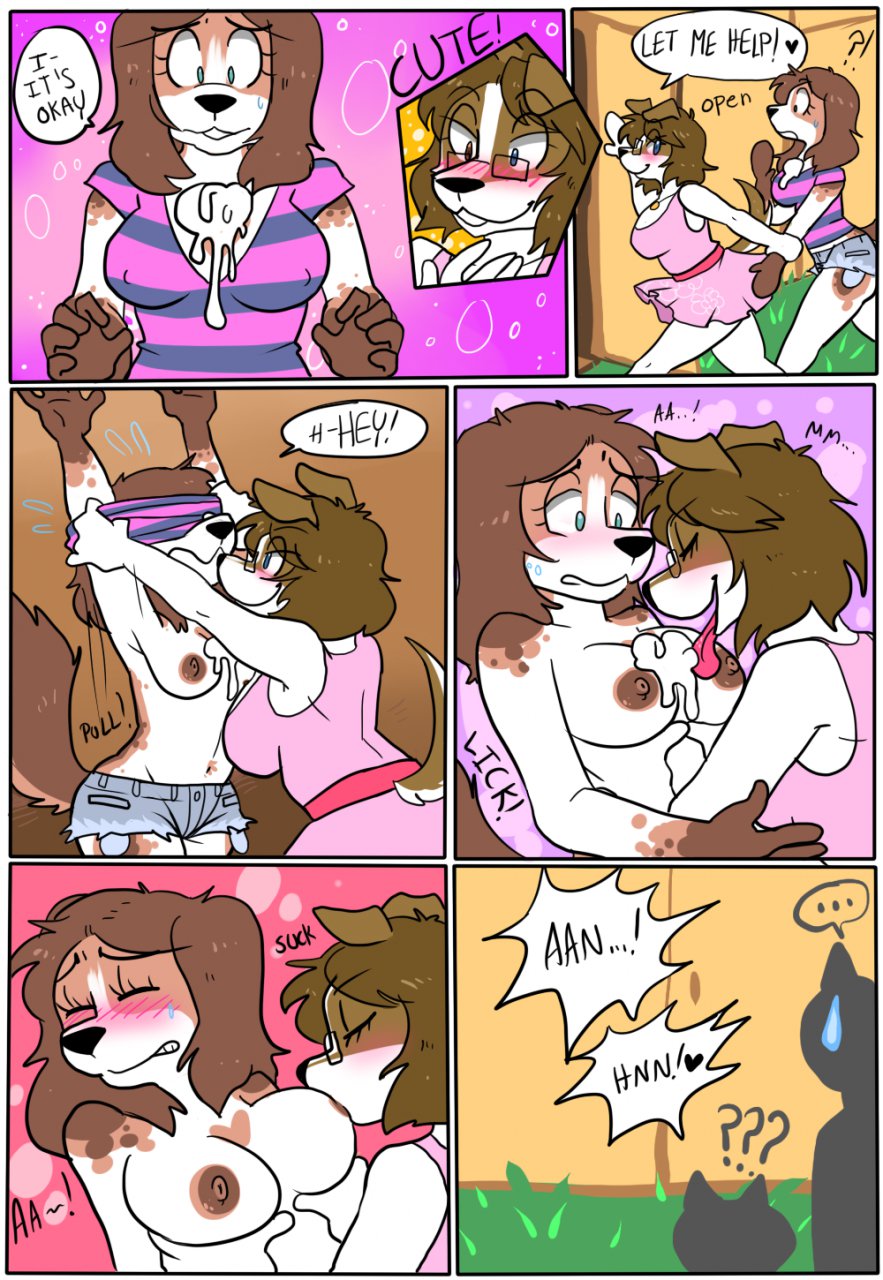 anthro bee_(character) blush breast_suck breasts canine clothing comic dialog dog dress duo eyewear female food glasses heterochromia ice_cream lesbian licking mammal party shorts sweat text tongue tongue_out topless undressing zombbh