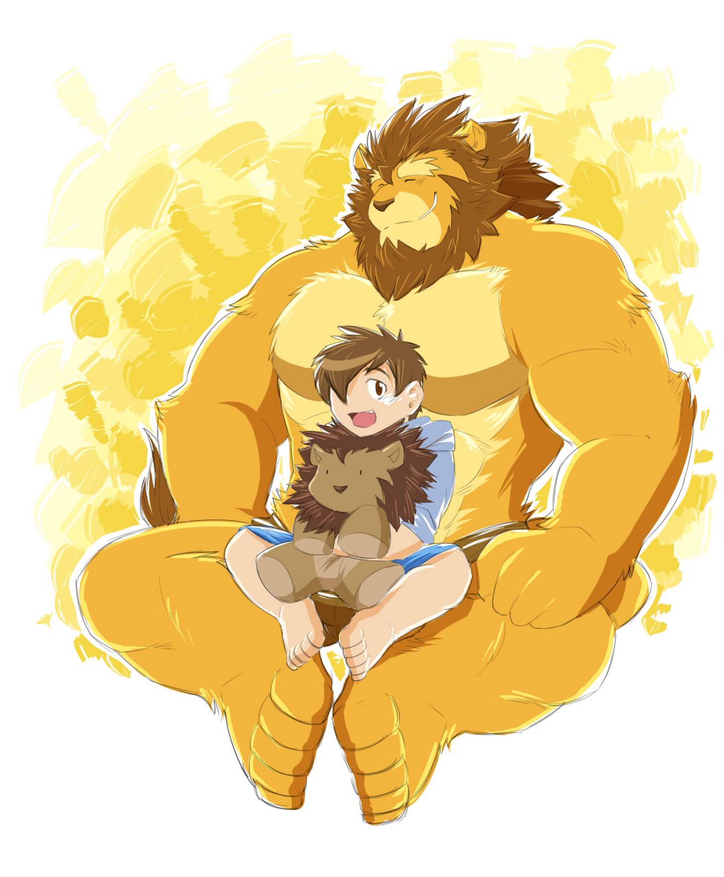 age_difference anthro biceps clothing duo eyes_closed feline fur hair human lion looking_at_viewer male mammal mane muscles pecs plushie pose rikitsu shorts sitting topless young
