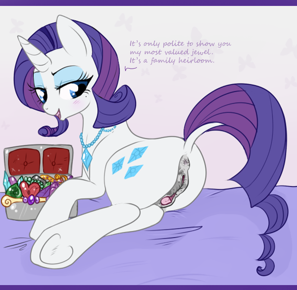 anatomically_correct anatomically_correct_pussy animal_genitalia anus blue_eyes blush box clitoral_winking clitoris cutie_mark dialog english_text equine equine_pussy female feral friendship_is_magic fur gem hair horn horse jewelry lulubell lying mammal my_little_pony necklace pony purple_hair pussy rarity_(mlp) solo text unicorn white_fur