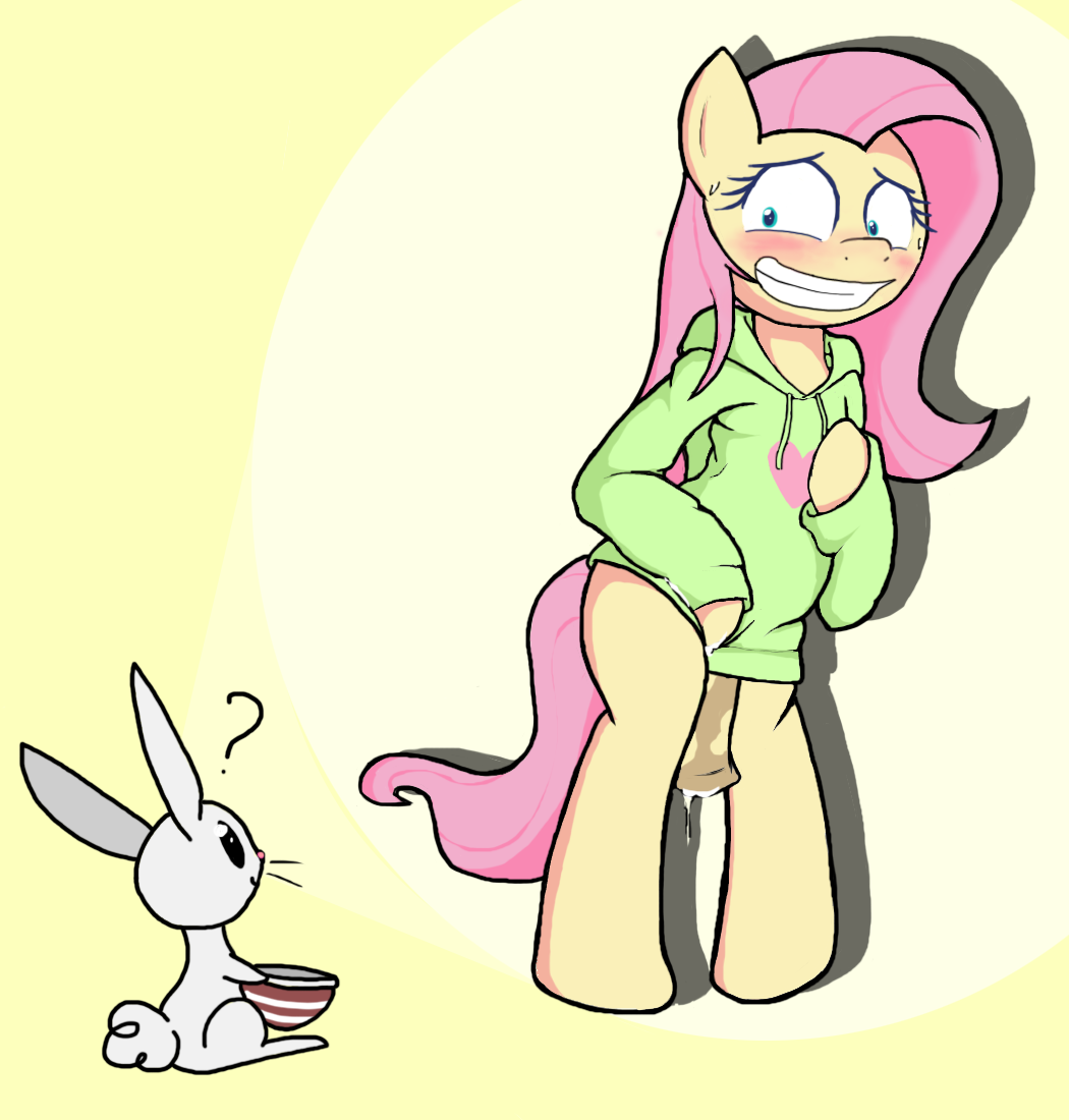 angel_(mlp) animal_genitalia anthro anthrofied apony big_ears blush clothed clothing cum cyan_eyes dickgirl dripping drooling duo embarrassed equine eye_contact feral fluffy_tail fluttershy_(mlp) friendship_is_magic fur hair hoodie horse horsecock humor intersex lagomorph male mammal masturbation my_little_pony orgasm pegasus penis pink_hair pony rabbit saliva simple_background smile sweat wings yellow_fur