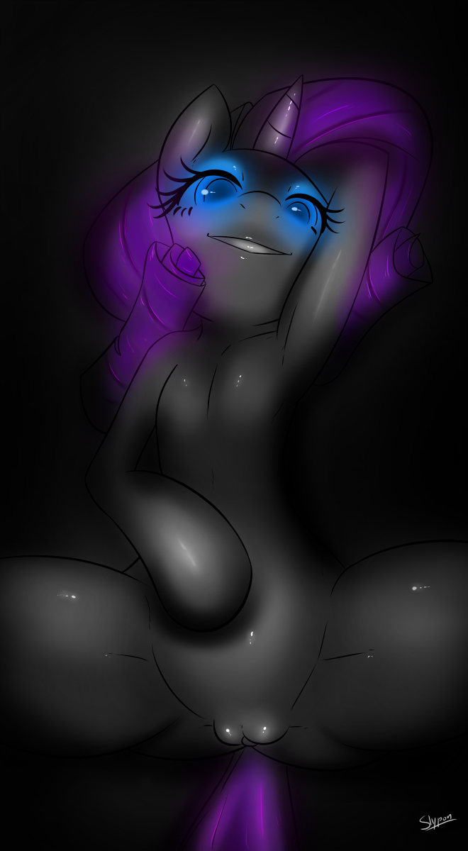 arm_behind_head black_background black_fur blue_eyes butt equine female feral friendship_is_magic fur glowing glowing_eyes hair horn horse inviting looking_at_viewer looking_down lying mammal my_little_pony on_back plain_background pony presenting presenting_pussy purple_hair pussy rarity_(mlp) seductive slypon smile solo spread_legs spreading teeth unicorn