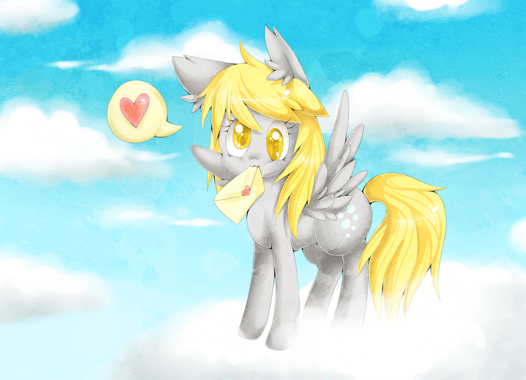 &lt;3 amber_eyes blonde_hair cloud clouds cute cutie_mark derp_eyes derpy_hooves_(mlp) dialog equine female feral friendship_is_magic fur grey_fur hair horse letter long_hair looking_at_viewer lulu-fly mammal my_little_pony outside pegasus pony sky solo standing text wings yellow_eyes