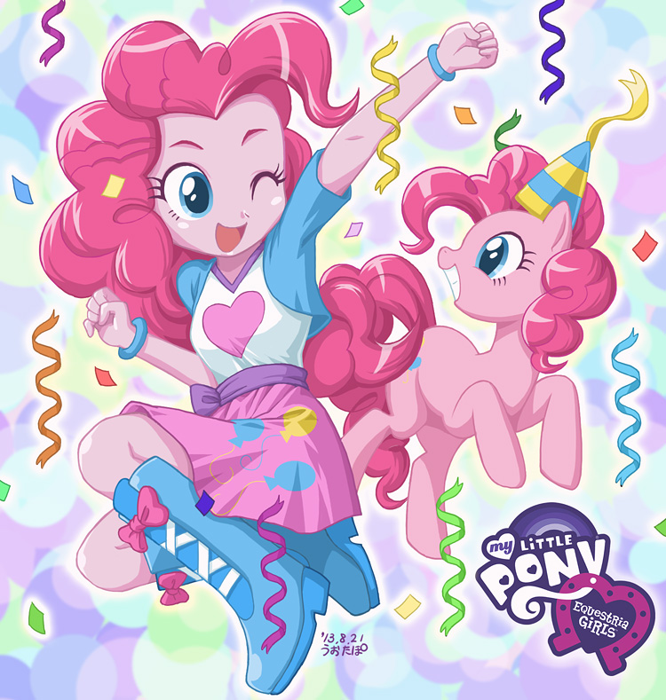 blue_eyes boots breasts clothed clothing cutie_mark duo equestria_girls equine female feral friendship_is_magic fur hair horse human humanized jumping mammal my_little_pony party pink_fur pink_hair pink_skin pinkie_pie_(eg) pinkie_pie_(mlp) pony size_difference skirt smile square_crossover standing teeth uotapo
