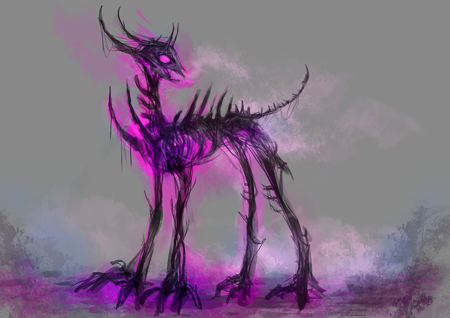 bone elkaart equine feral glowing glowing_eyes horn horse looking_back mammal mist my_little_pony plain_background pony purple_eyes solo undead