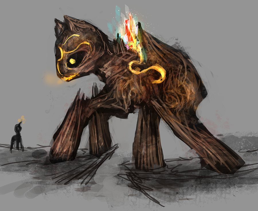 black_eyes creepy duo elkaart equine facial_markings feral fire flames glowing glowing_eyes grey_background horn horse magic mammal markings my_little_pony open_mouth plain_background pony unicorn yellow_eyes