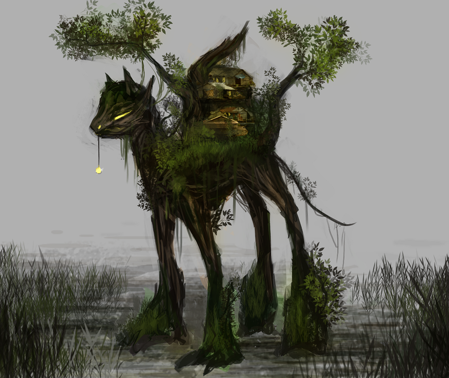 building elkaart equine feral flora_fauna grass green_eyes grey_background horse mammal my_little_pony plain_background plants pony solo tree water