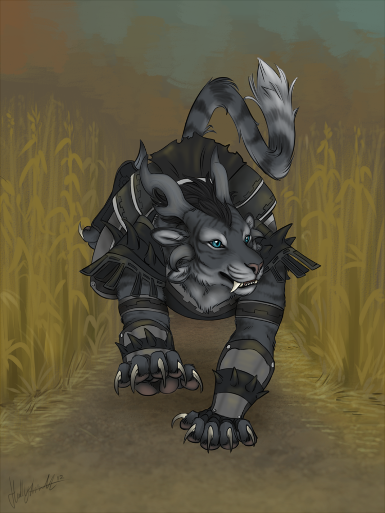 ambiguous_gender armor blue_eyes charr claws cunningfox fangs feline female guild_wars horn mammal multiple_ears running simple_background solo video_games