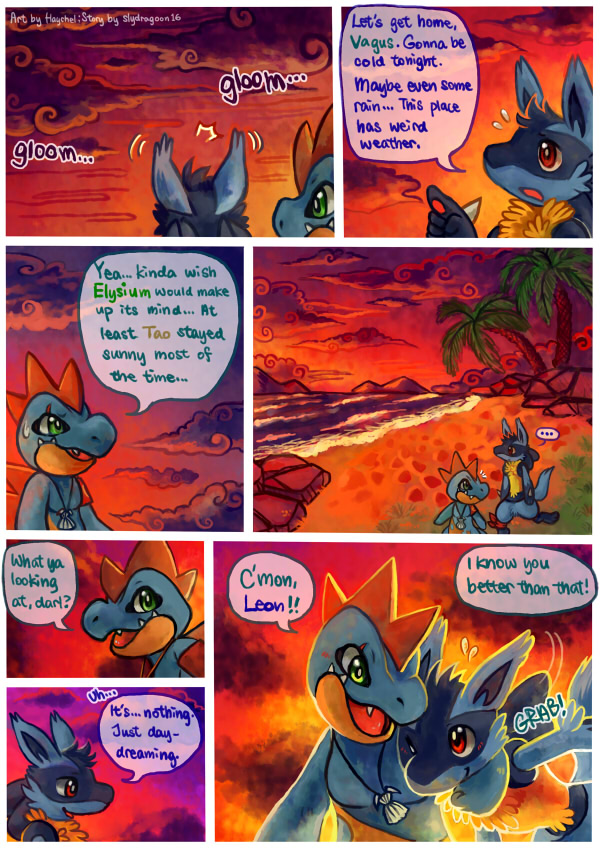 comic croconaw green_eyes haychel hug leon lucario male nintendo pok&#233;mon pok&eacute;mon red_eyes seaside text vagus video_games water