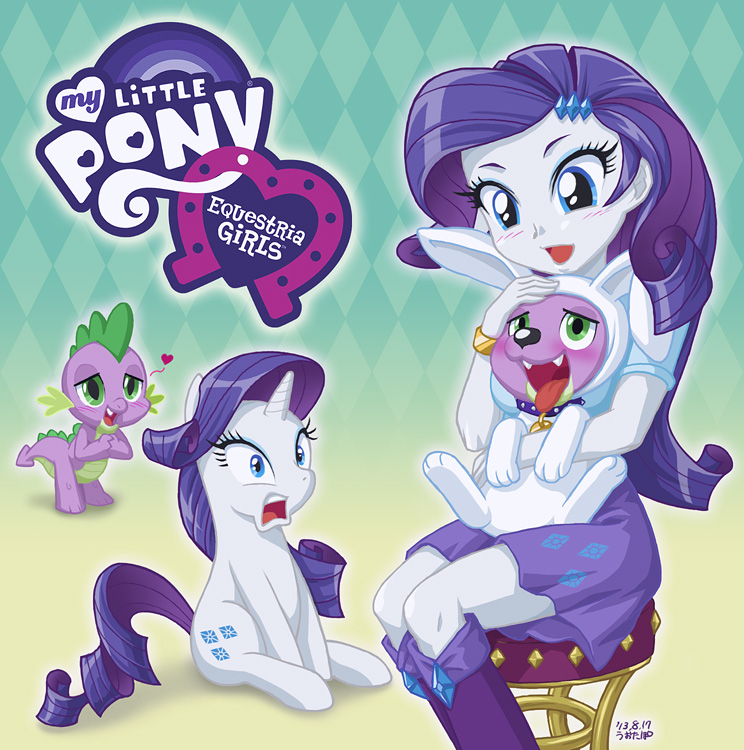 blush boots bunny_suit bunnysuit canine clothed clothing cutie_mark dog dragon duo equestria_girls equine female friendship_is_magic fur green_eyes hair horn horse hug human humanized looking_down mammal multi-colored_hair my_little_pony pony purple_hair rarity_(eg) rarity_(mlp) sitting size_difference skirt smile spike_(eg) spike_(mlp) square_crossover unicorn uotapo white_fur white_skin