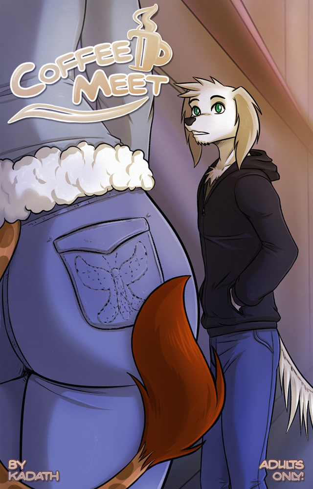 anthro butt canine clothed clothing coffee_meet comic cover_page dog fur giraffe green_eyes hoodie jeans kadath male mammal puzzle_(character) saluki sebastian spots sweater teeth tight_clothing white_fur