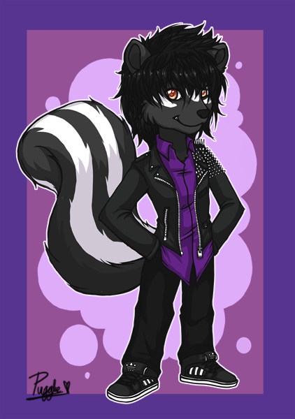 adidas amber_eyes black_fur black_hair black_pants border cool dress_shirt fur hair hands_in_pockets leather_jacket looking_at_viewer mammal messy_hair noire_(character) pugglepaws purple_background purple_shirt skunk smile sneakers spikes striped_tail white_fur white_markings