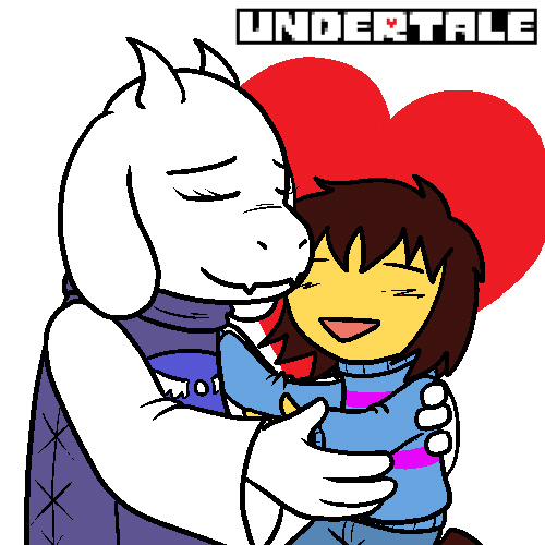 ambiguous_gender animal_ears caprine cub eyes_closed female goat horn hug logo mammal open_mouth protagonist_(undertale) quetzadrake smile toriel undertale young