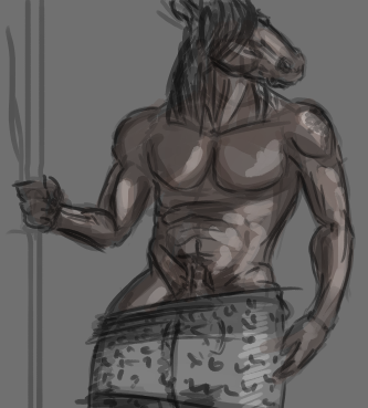 anthro brown_body brown_fur brown_hair clothed clothing equine fur gdane grey_background hair half-dressed horse male mammal muscles pecs plain_background simple_background solo standing topless underwear