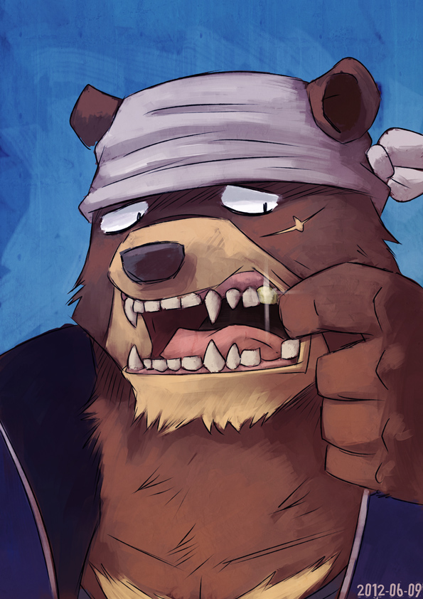 anthro aru aru_(artist) bandanna bear brown_fur fangs fur gold_tooth grizzly_bear jacket kenji kenji_mikazuki male mammal missing_tooth morenatsu open_mouth scar teeth tongue worried