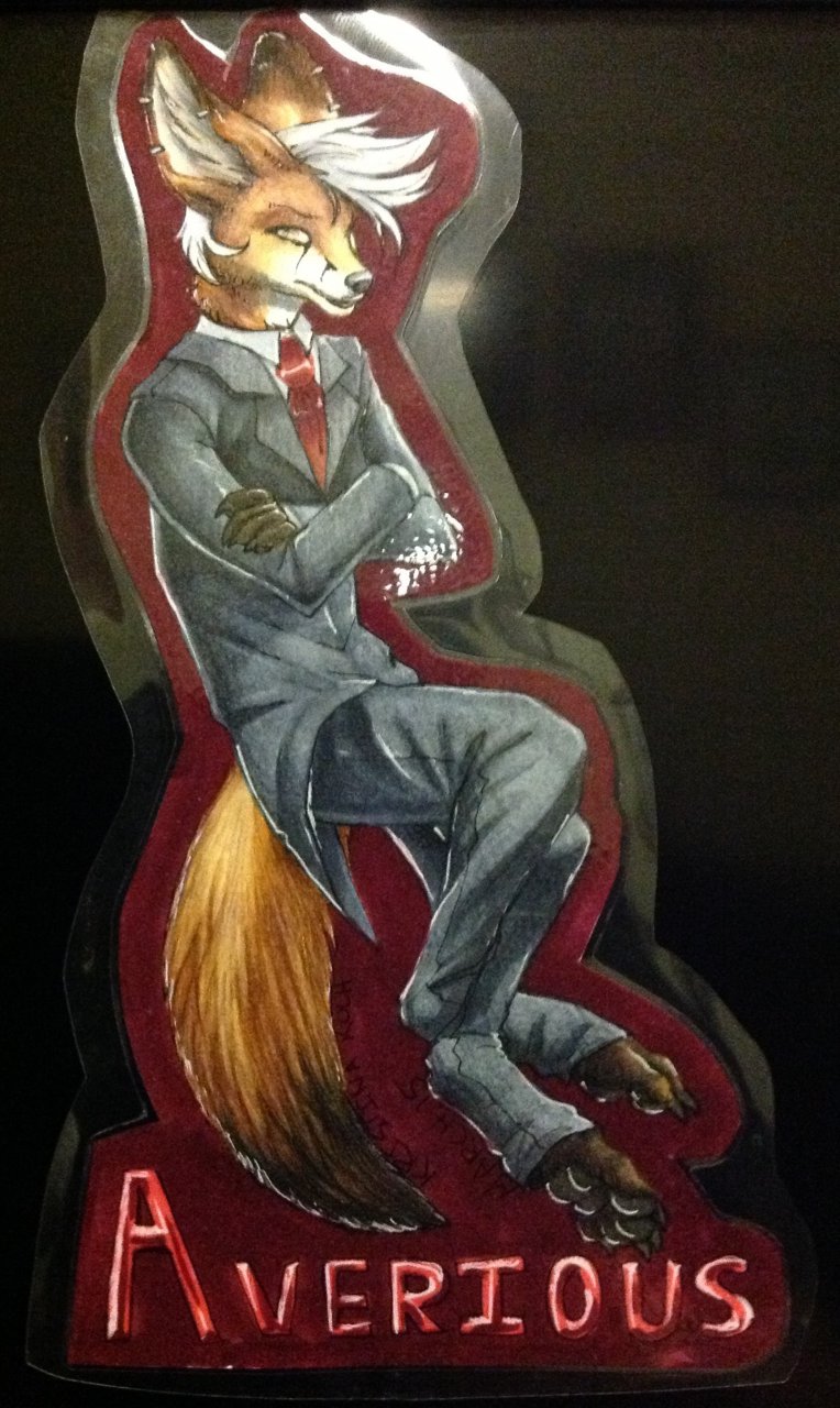 averious badge canine fennec fox gold_eye male mammal necktie piercing solo suit