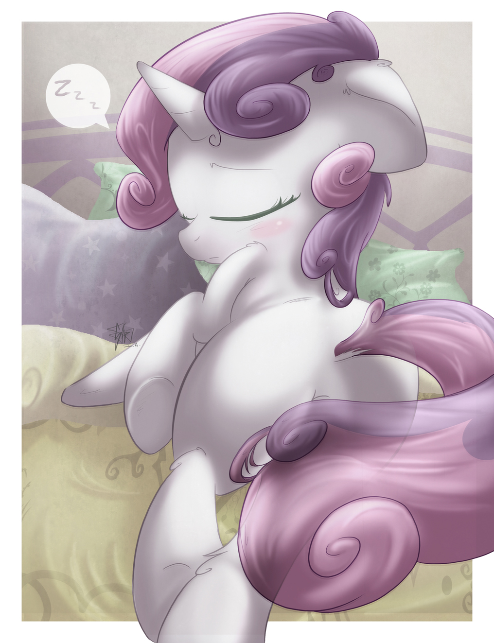 bed blush butt convenient_censorship cub equine eyes_closed female feral friendship_is_magic fur hair horn horse mammal my_little_pony pillow pony sip_i.a. sleeping solo sweetie_belle_(mlp) text two_tone_hair unicorn white_fur young