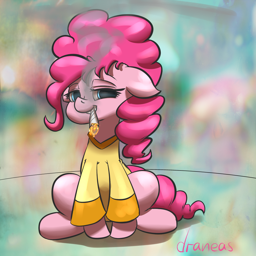 blue_eyes clothing draneas drugs english_text equine female feral friendship_is_magic fur hair horse looking_at_viewer mammal marijuana my_little_pony pink_fur pink_hair pinkie_pie_(mlp) pony sitting smoke smoking solo text