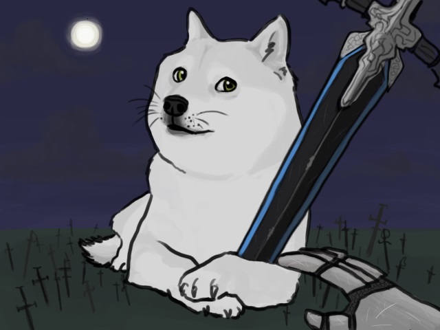 black_nose canine dark_souls disembodied_hand doge fur gauntlet graveyard great_grey_wolf_sif looking_at_viewer mammal meme moon shibe solo source_request sword unknown_artist weapon white_fur wolf