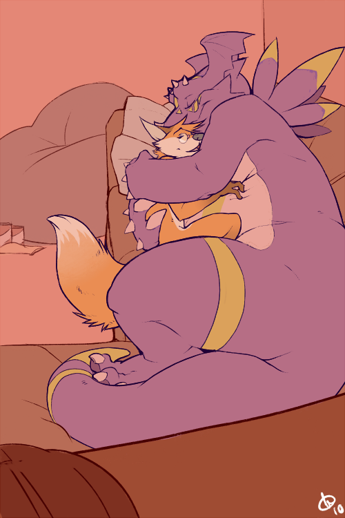 biceps big_muscles canine chubby cuddling cute dragoneer_(character) fox gay hug kipfox male mammal murasadramon muscles nude patto purple_dragon size_difference thick_tail