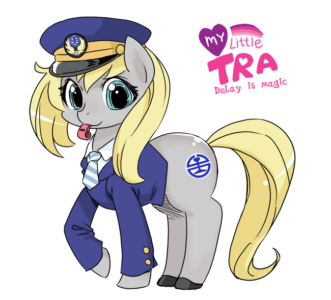 blonde_hair blue_eyes bottomless clothing cutie_mark equine female feral hair hat horse mammal my_little_pony necktie original_character pony shepherd0821 solo taiwan_railways_administration whistle