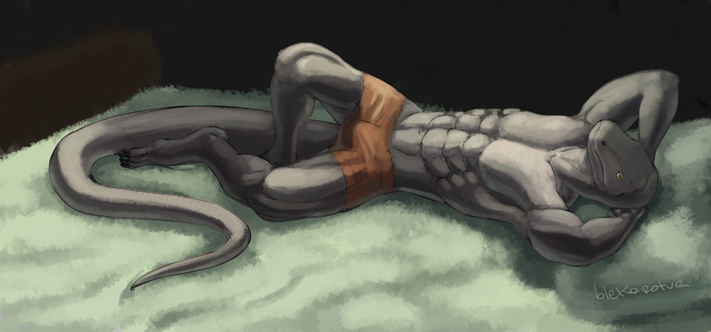 abs anthro arms_behind_head bed biceps blekarotva boxer_briefs boxers bulge claws flexing frown grey_skin komodo laying_on_bed lizard lying male muscles on_back pecs pose relaxing reptile scales scalie solo toe_claws toned topless underwear yellow_eyes
