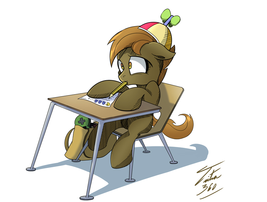 amber_eyes bag beanie brown_hair button_mash_(mlp) chair desk equine ghost hair hat horse male mammal my_little_pony nervous pac-man pac-man_(series) paper pencil plain_background pony sitting solo spirit tsitra360 white_background