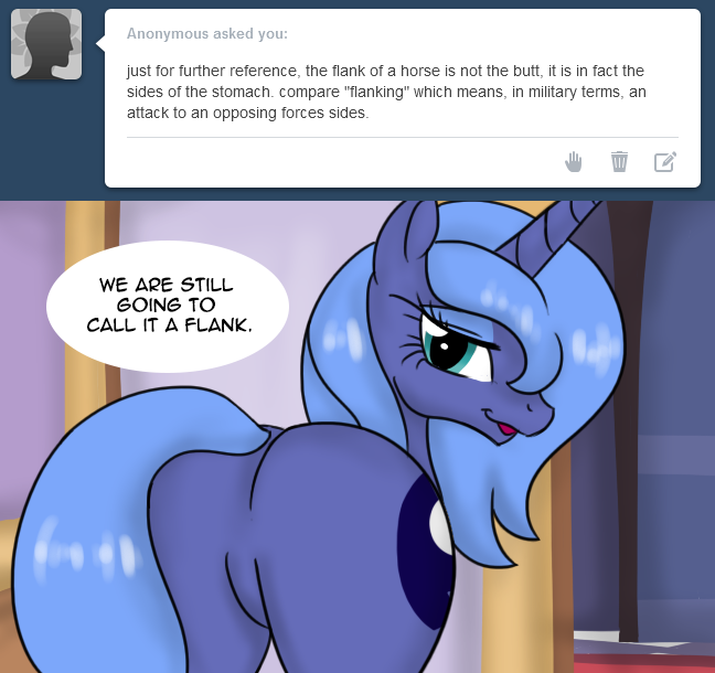 blue_eyes blue_fur blue_hair brony butt comic cutie_mark dialog educational english_text equine eyeliner female feral friendship_is_magic fur hair horn horse long_hair looking_back loopend mammal my_little_pony open_mouth pony presenting presenting_hindquarters princess princess_luna_(mlp) royalty smile solo text the_more_you_know tumblr unicorn